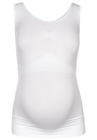 Hvid sømløs graviditetstop med støttende stof og brede skulderstropper, designet for komfort under graviditeten.