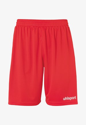 Pantaloni sportivi rossi realizzati in tessuto leggero, con vita elastica e un logo bianco sul lato anteriore sinistro. Texture liscia.