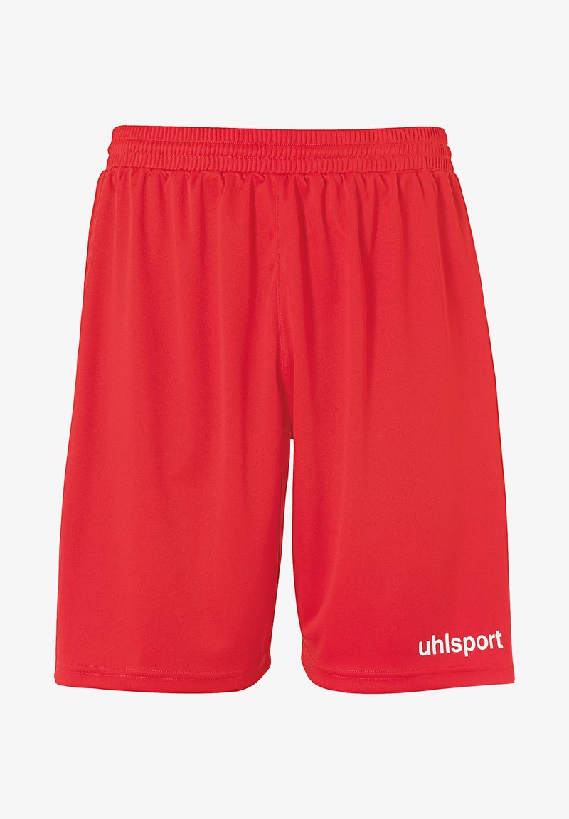 Pantaloni sportivi rossi realizzati in tessuto leggero, con vita elastica e un logo bianco sul lato anteriore sinistro. Texture liscia.