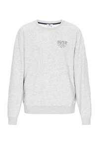 Grå sweatshirt lavet af en bomuldsblanding, har en rund halsudskæring, lange ærmer, ribbede manchetter og kant, med et bladgrafik og tekst på brystet.