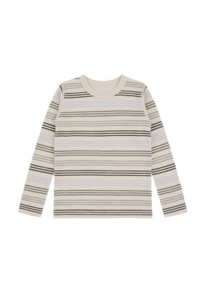 Beige Langarmhemd mit horizontalen Streifen in Dunkelgrün und Hellblau, Rundhals, flach auf weißem Hintergrund ausgelegt.