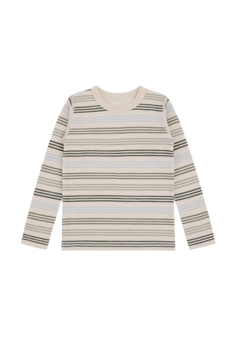 Beige Langarmhemd mit horizontalen Streifen in Dunkelgrün und Hellblau, Rundhals, flach auf weißem Hintergrund ausgelegt.