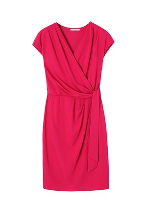 Pink wrap dress with short sleeves, featuring a tie at the waist and draped fabric, smooth texture, and a v-neckline.