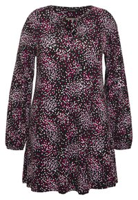Musta pitkähihaisen tunikan mekko, jossa on hajallaan vaaleanpunaisia, laventelinvärisiä ja valkoisia pilkkuja. Pyöreä pääntie, jossa pieni avaus edessä.
