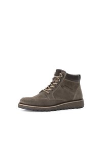 Braune Wildleder-Stiefel bis zum Knöchel mit Lederakzenten. Zu den Merkmalen gehören runde Schnürsenkel, ein gepolsterter Schaft und eine strukturierte Gummisohle.