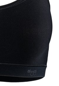 Černý bezšvový bralet s ribbovanou látkou, elastickým materiálem a těsným střihem. Má měkký elastický pás se značkou "sloggi" na spodní části.