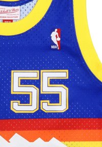 Blue sports jersey featuring mesh fabric with yellow accents, large white number "55," and a multicolored horizontal stripe pattern. NBA logo patch included.