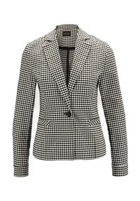 Zwart-wit geblokte blazer met een reverskraag, sluiting met één knoop en twee voorzakken. Gemaakt van een gestructureerde stof.