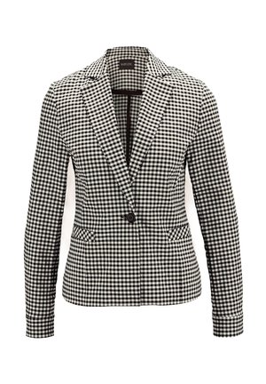 Schwarz-weißer kariert Blazer mit Reverskragen, einzelner Knopfverschluss und zwei vorderen Taschen. Aus strukturiertem Stoff gefertigt.