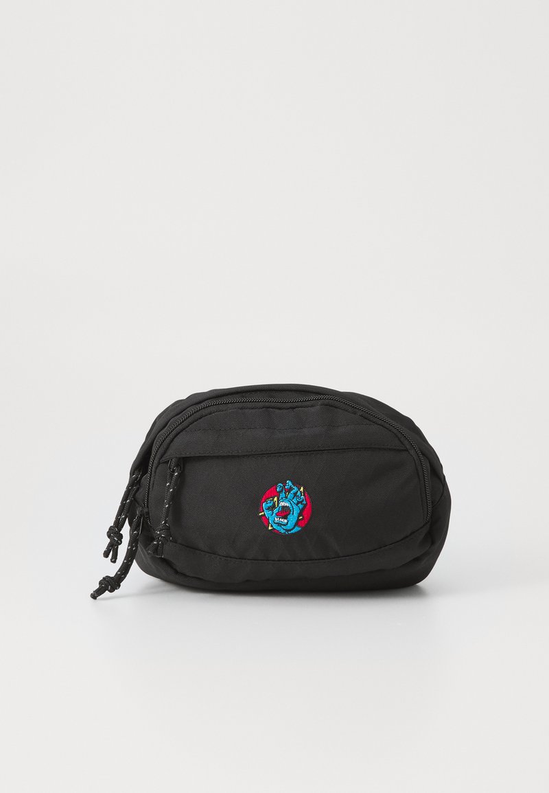 Saco de nylon preto com dois compartimentos com fechos de correr, apresentando um design bordado em azul e vermelho de uma mão na parte da frente. Superfície texturizada.