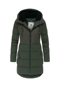 Lång grön pufferjacka med en texturerad grå övre del. Har en huva, framzipper, dragsko och sidofickor. Mjuk inre foder.