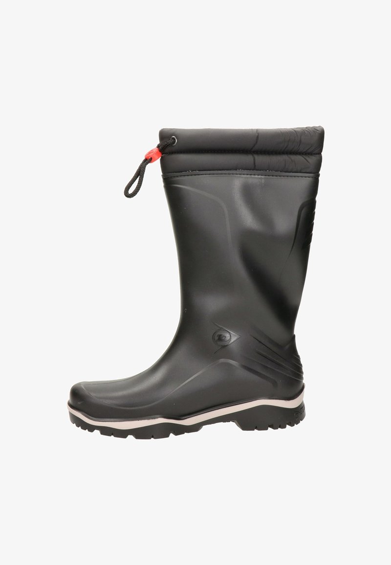 Botte de pluie en caoutchouc noir avec une tige texturée, semelle grise et cordon de tirage en haut pour un maintien sécurisé. Caractéristiques de semelle robuste pour une bonne adhérence et durabilité.