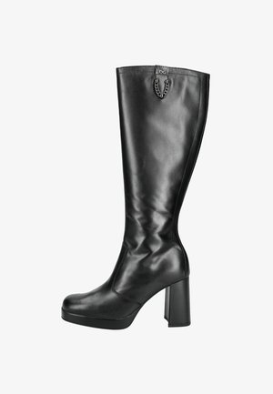 Black knee-high leather boot with a chunky heel, smooth texture, and chain detail on the back. Features a rounded toe and sleek silhouette.