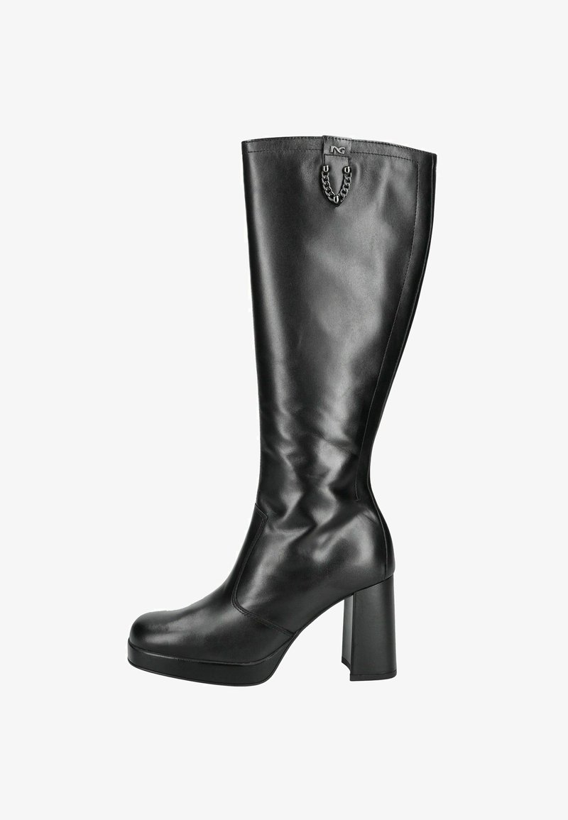 Black knee-high leather boot with a chunky heel, smooth texture, and chain detail on the back. Features a rounded toe and sleek silhouette.