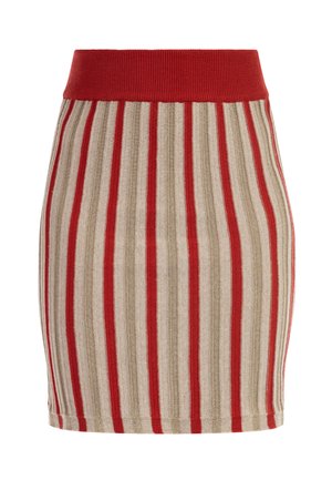 Striped skirt featuring red and beige vertical stripes, with a red ribbed waistband. Made from textured fabric. Tailored fit.