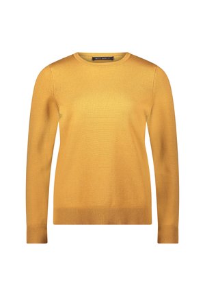 Gelber Pullover mit Rundhalsausschnitt, langen Ärmeln, gerippten Bündchen und Saum. Hergestellt aus einem glatten, leichten Strickstoff.