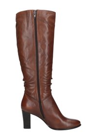 Botte en cuir marron, haute jusqu'au genou, au design lâche, avec une fermeture éclair sur le côté et un talon haut empilé. Surface texturée avec une finition lisse.