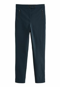 Námořnické modré kalhoty vyrobené z hladké, elastické tkaniny. Mají dvě zipové přední kapsy, zapínání na knoflík a tapered střih nohavic.