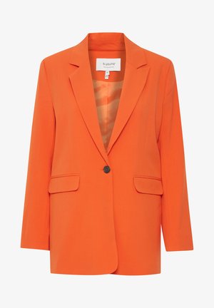 Oranžna blazerja z izrezanim reverjem, enojnim zapiranjem na črn gumb, dvema sprednjima žepoma in gladko notranjo podlogo. Prilagojen kroj in strukturiran dizajn.