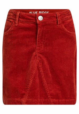 Rød fløjlsmininederdel med frontslids, klassisk design med fem lommer og forreste knaplukning. Har vertikal ribbet tekstur.
