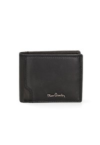 Portafoglio in pelle nera con finitura testurizzata, presenta un bordo cucito e un logo visibile sul davanti. Design slim e rettangolare.
