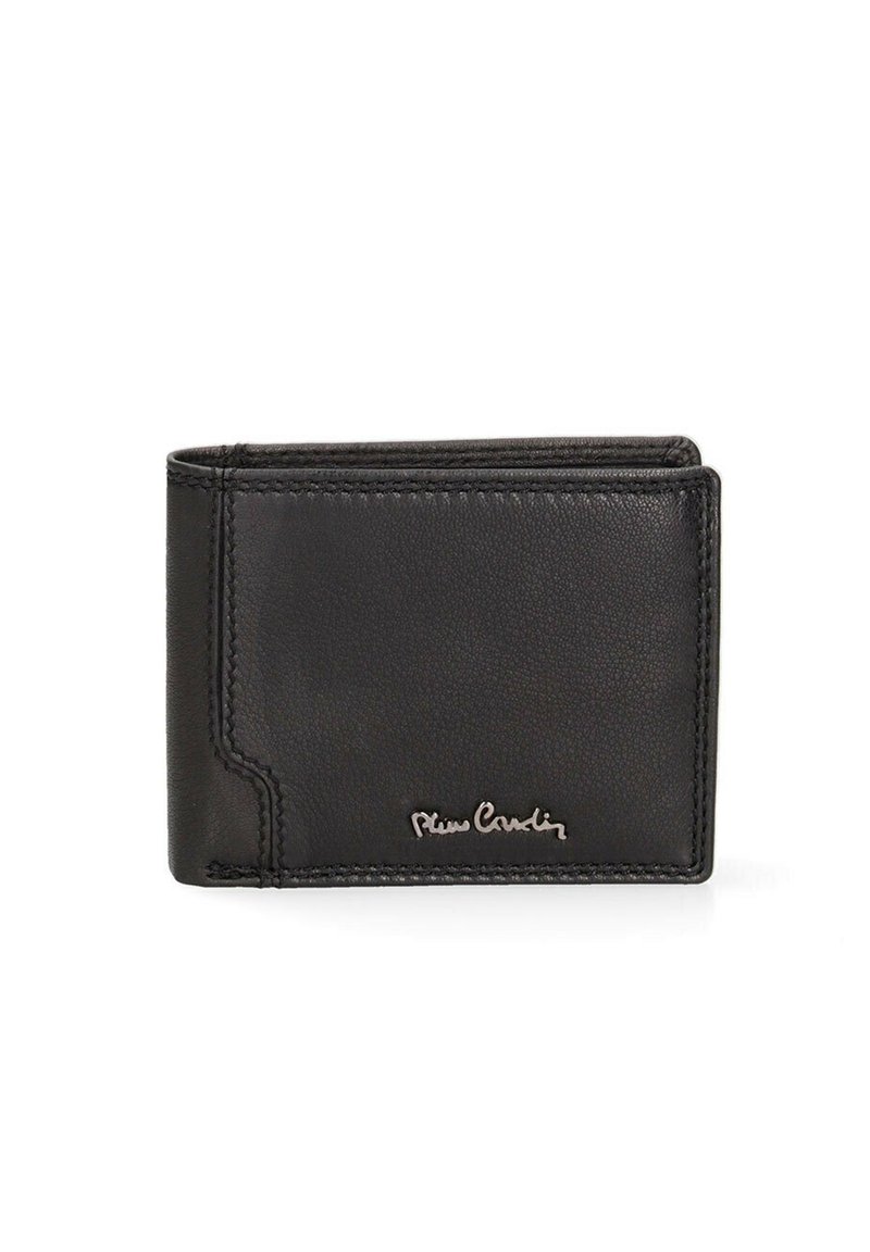 Portafoglio in pelle nera con finitura testurizzata, presenta un bordo cucito e un logo visibile sul davanti. Design slim e rettangolare.