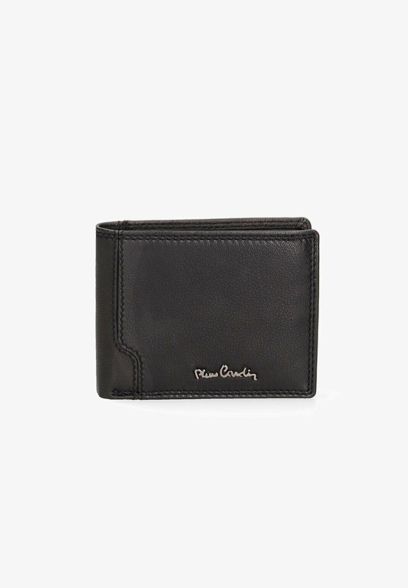 Portafoglio in pelle nera con finitura testurizzata, presenta un bordo cucito e un logo visibile sul davanti. Design slim e rettangolare.