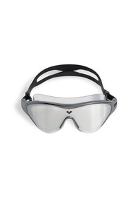 Schwimmbrille mit einem grauen Kunststoffrahmen, klaren Gläsern und einem schwarzen Silikonband mit Ausschnitten zur Belüftung.