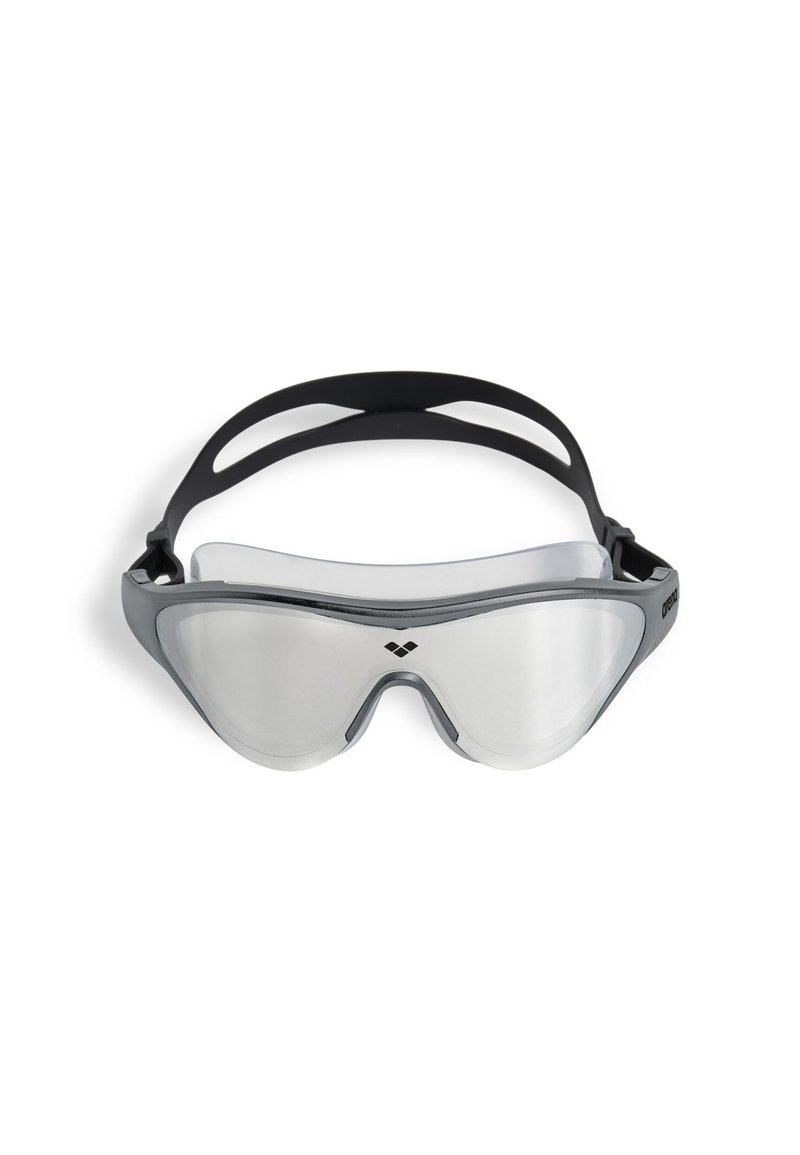 Schwimmbrille mit einem grauen Kunststoffrahmen, klaren Gläsern und einem schwarzen Silikonband mit Ausschnitten zur Belüftung.
