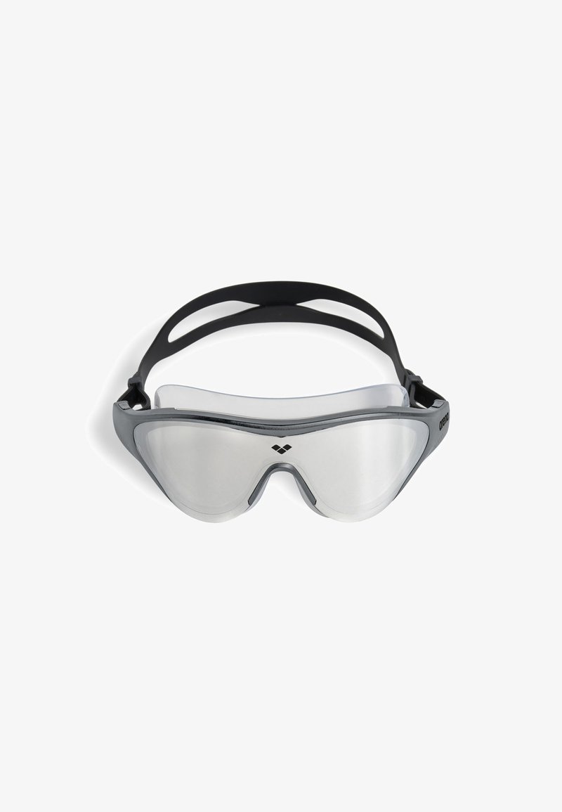 Schwimmbrille mit einem grauen Kunststoffrahmen, klaren Gläsern und einem schwarzen Silikonband mit Ausschnitten zur Belüftung.