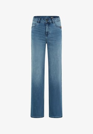 Lyseblå, højtaljede jeans lavet af denim med lige ben, forlommer og lukning med metalknap.