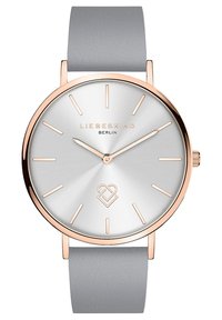 Ronde horloge met een roestvrijstalen kast en zilveren wijzerplaat, roségouden accenten, een minimalistisch ontwerp en een lichtgrijze leren band.