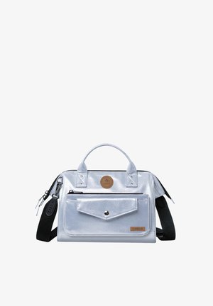 Metallic silver rectangular handbag with dual handles, front zippered and snap button pockets, and a detachable black shoulder strap.