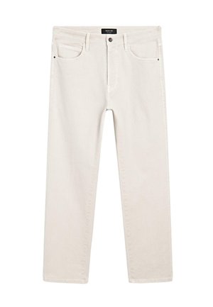 Jeans in denim beige chiaro con taglio dritto, dotati di tasche frontali e di una semplice chiusura con bottone in vita.