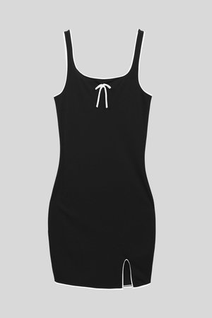 Black fitted dress with thin straps, white trim, ribbed texture, and a front slit detail at the hem. Drawstring accent at the neckline.