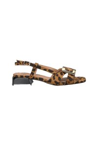 Leopard print suede sandal with a low block heel, crisscross straps, metallic buckle accent, and open toe design.