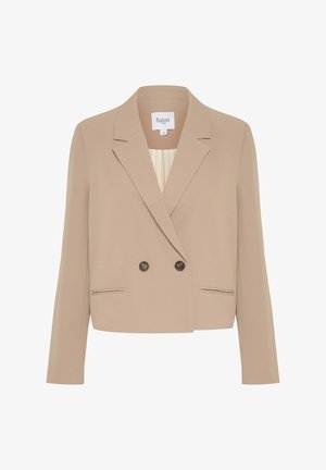 Bežový dvojradový blazer vyrobený z hladkého materiálu, s klopovým golierom, dvoma prednými vreckami a tmavými gombíkmi.