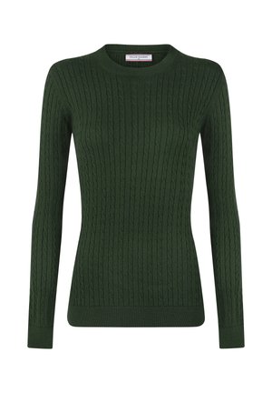 Mørkegrøn kabelstrikket langærmet sweater med rund halsudskæring og tætsiddende ribstrikkede manchetter og kant.