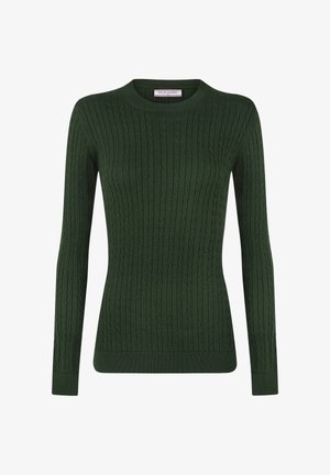 Ciemnozielony sweter z długim rękawem, wykonany z dzianiny w splot kablowy, z okrągłym dekoltem oraz dopasowanymi ściągaczami przy nadgarstkach i na dole.
