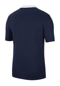 Marineblaues Polohemd mit einem weißen Kragen, kurzen Ärmeln und einer glatten Baumwollstruktur. Es zeichnet sich durch ein klassisches Design und einen geraden Saum aus.