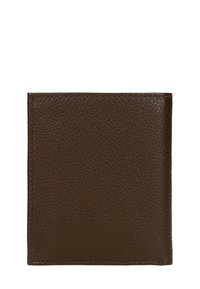 Portafoglio in pelle marrone con superficie textured, design a bi-fold, linee pulite e cuciture ordinate. Nessun hardware o accenti visibili.