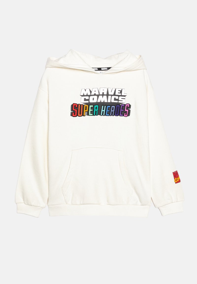 Sweat à capuche blanc avec le texte "MARVEL COMICS SUPER HEROES" en lettres majuscules multicolores sur la poitrine et un petit logo Marvel Comics sur la manche.