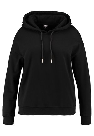 Sudadera negra con capucha, de corte holgado, con cuello de cuerda, mangas largas, puños y dobladillo acanalados. Confeccionada en una suave tela texturizada.