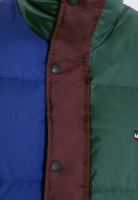Gefütterte Jacke mit blauen, grünen und burgunderfarbenen Einsätzen; glattes Material; Druckknöpfe; Logo-Patch unten rechts.