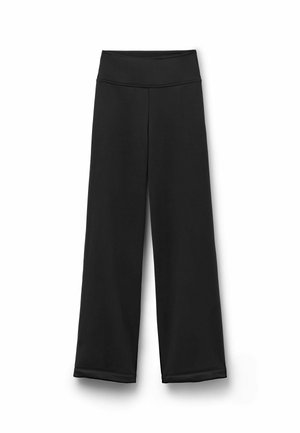 Svarta vida byxor i ett stretchy material; har en hög midja och en slät yta utan synliga mönster eller detaljer.