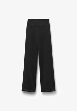 Black wide-leg pants made from a stretchy material; features a high waistband and smooth texture with no visible patterns or accents.