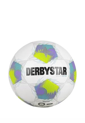 Weißer Derbystar Fußball mit mehrfarbigen Pentagon-Mustern in Lila, Gelb und Türkis sowie schwarzem Branding-Text auf der Oberfläche.