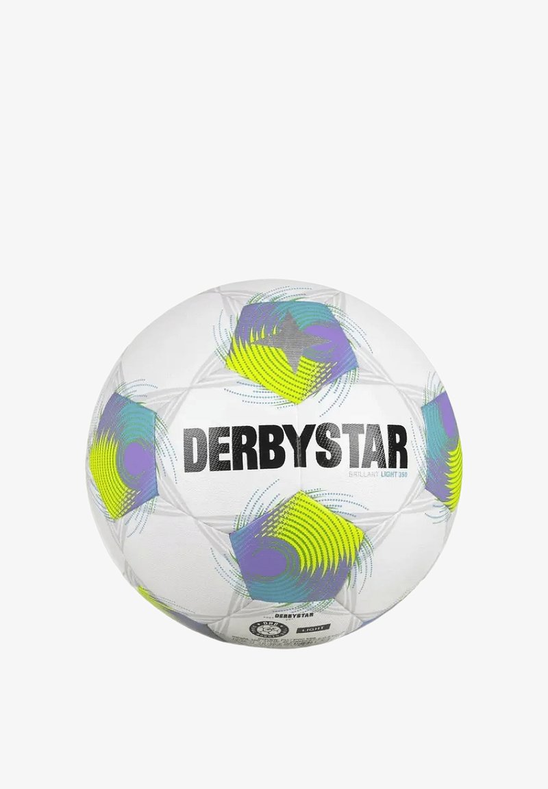 Hvid Derbystar fodbold med flerfarvede pentagonmønstre i lilla, gul og teal samt sort brandingtekst på overfladen.