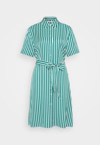 Sinitä ja valkoisia raidoituksia sisältävä paitamekko napilla edessä, lyhyet hihat ja sidottu vyötärö. Valmistettu kevyestä kankaasta.