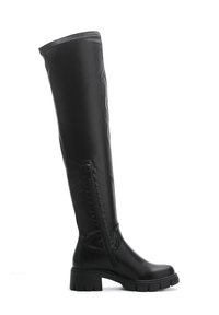 Czarne kozaki za kolano o gładkim designie, wykonane z gładkiego materiału, z bocznym zamkiem błyskawicznym i grubą podeszwą dla stabilności.